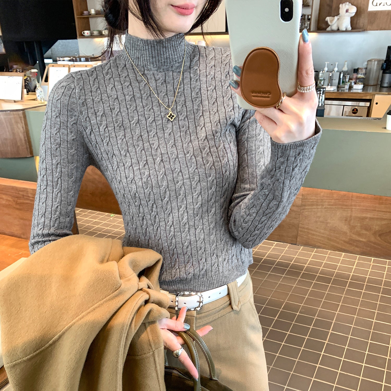 Chic Gray Cable Knit Crewneck Sweater Top for Women,  Slim Fit Short Length Underwear Shirt